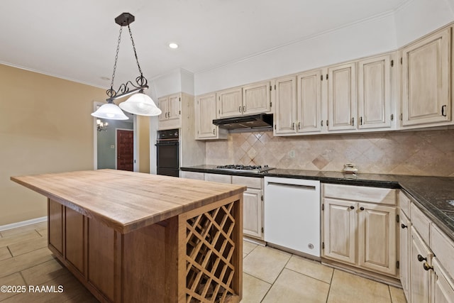 kitchen with butcher block countertops, ornamental molding, under cabinet range hood, white dishwasher, and stainless steel gas cooktop