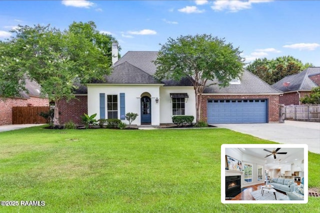 view of front facade featuring an outdoor living space, driveway, a front lawn, and fence