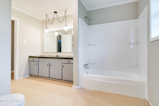 bathroom with ornamental molding, shower / washtub combination, toilet, and vanity