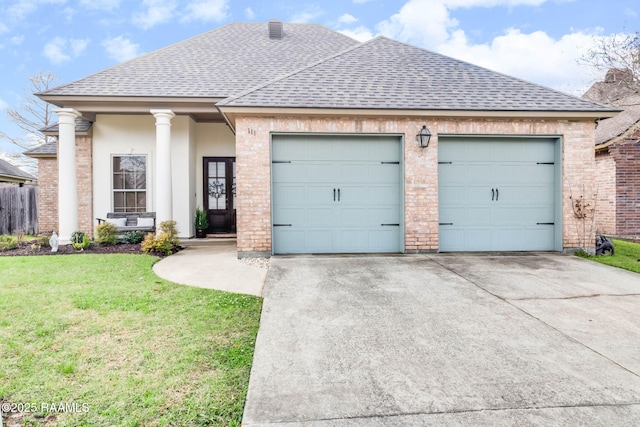 view of front of property featuring brick siding, a shingled roof, an attached garage, driveway, and a front lawn