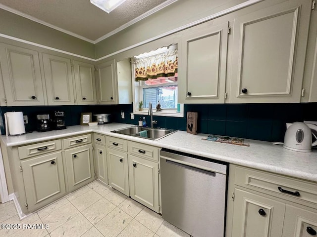 kitchen with a sink, crown molding, light countertops, and dishwasher