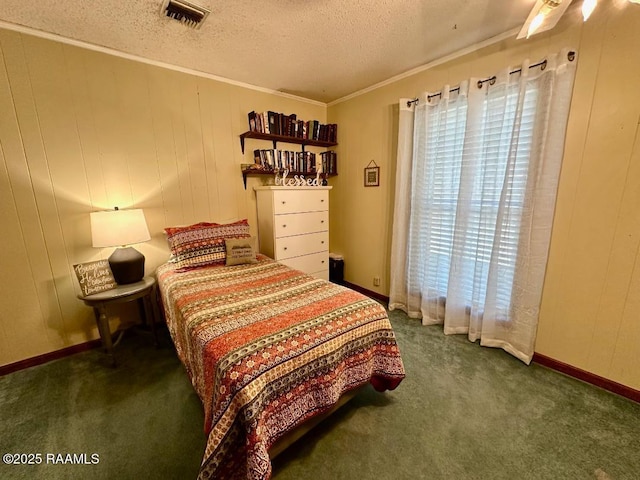 carpeted bedroom with visible vents, multiple windows, ornamental molding, and a textured ceiling