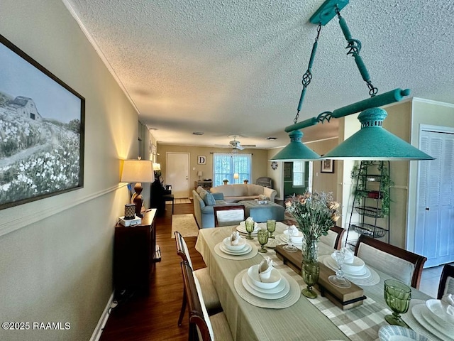 dining room featuring ceiling fan, a textured ceiling, ornamental molding, and dark wood-type flooring