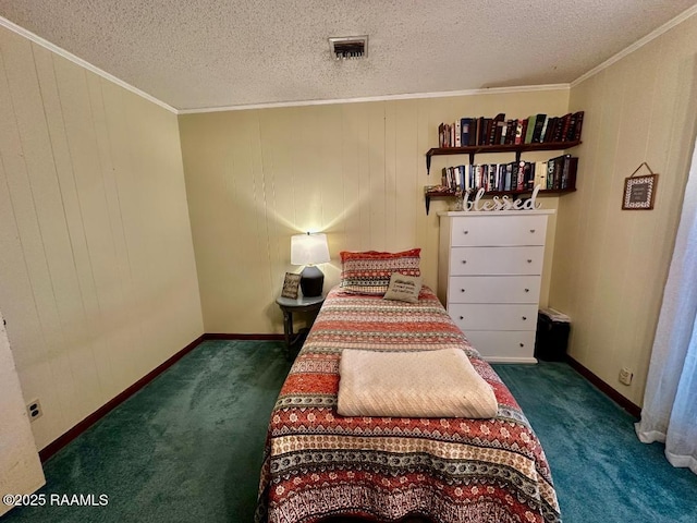 bedroom featuring carpet floors, visible vents, and crown molding