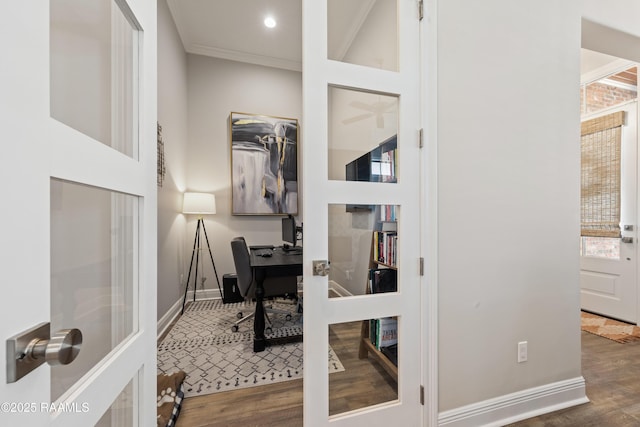 office space featuring recessed lighting, baseboards, ornamental molding, french doors, and dark wood finished floors