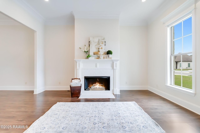 living area with dark wood-style floors, ornamental molding, a fireplace with flush hearth, and baseboards