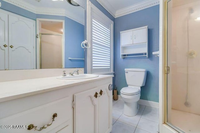 bathroom with toilet, a stall shower, crown molding, tile patterned flooring, and vanity