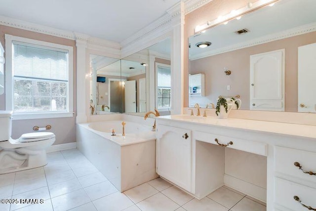 full bathroom featuring tile patterned flooring, toilet, ornamental molding, a bath, and vanity