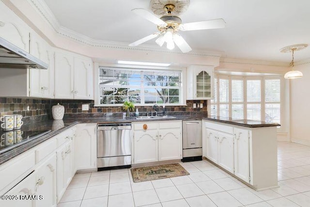 kitchen with dark countertops, a wealth of natural light, a peninsula, stainless steel dishwasher, and a sink