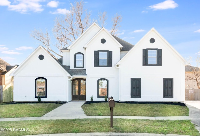 view of front facade featuring a front yard, french doors, and stucco siding