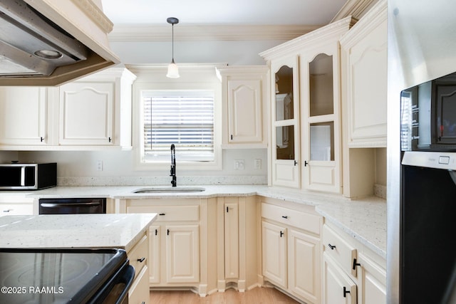 kitchen with glass insert cabinets, light stone countertops, stainless steel appliances, premium range hood, and a sink