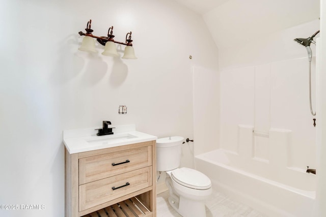 full bath with vaulted ceiling, vanity, toilet, and shower / bathing tub combination