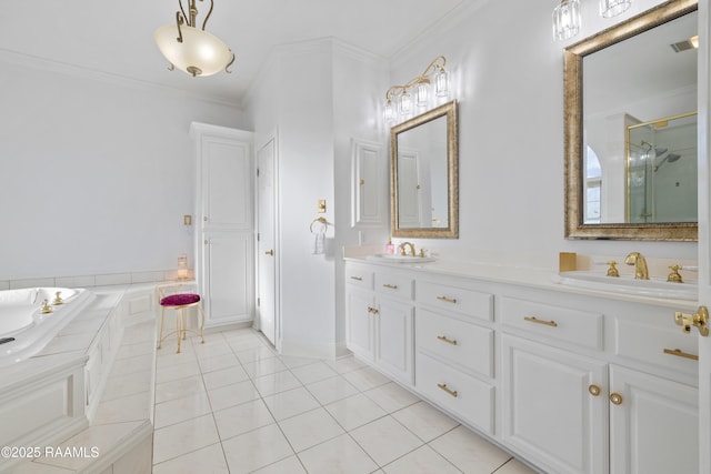 full bathroom featuring a sink, visible vents, ornamental molding, tile patterned floors, and a stall shower