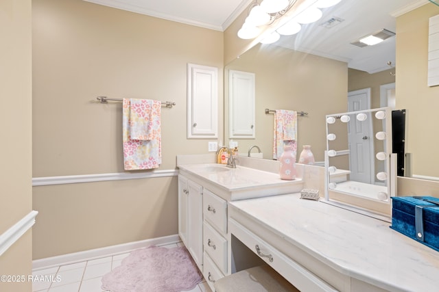 bathroom featuring visible vents, baseboards, vanity, ornamental molding, and tile patterned floors