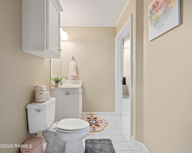 half bathroom featuring baseboards, toilet, tile patterned floors, crown molding, and vanity