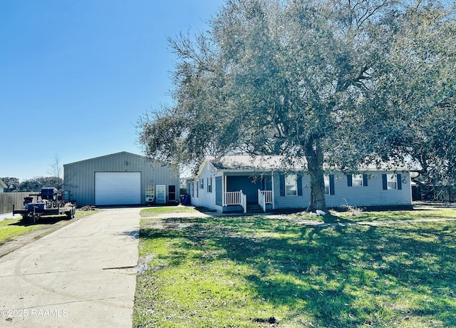 view of front facade with covered porch, a front yard, a garage, driveway, and an outdoor structure