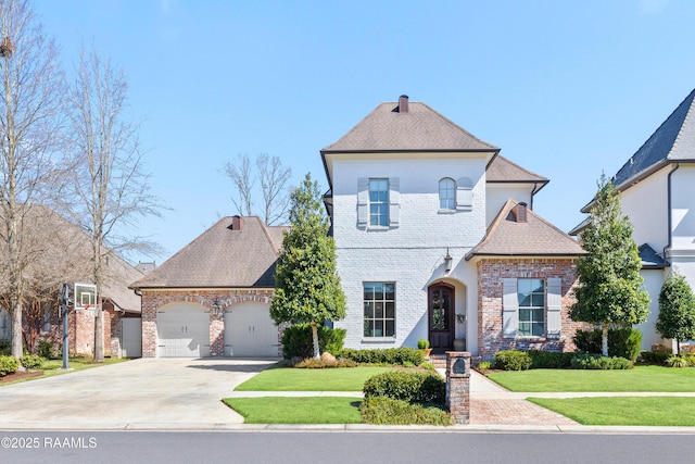 french country inspired facade featuring a garage, a shingled roof, concrete driveway, a front lawn, and brick siding