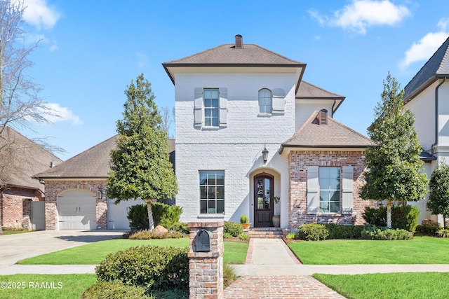 french country style house with an attached garage, brick siding, a shingled roof, driveway, and a front yard