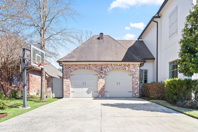 view of property exterior with an attached garage, roof with shingles, concrete driveway, and brick siding