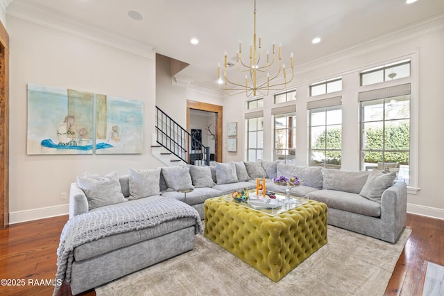 living room with recessed lighting, baseboards, stairs, ornamental molding, and wood-type flooring