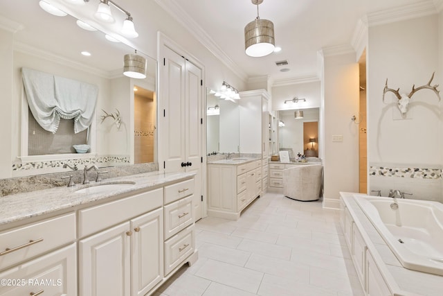 bathroom with two vanities, ornamental molding, a sink, a tub, and tile patterned flooring