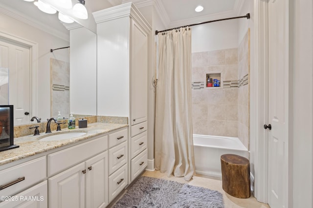 bathroom featuring shower / bath combination with curtain, tile patterned floors, crown molding, and vanity