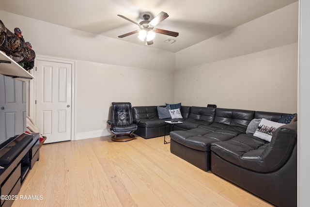 living room with lofted ceiling, visible vents, ceiling fan, wood finished floors, and baseboards