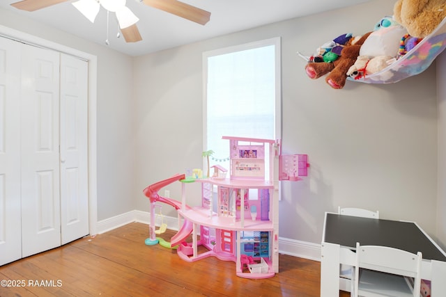 404 Senior Aly, Abbeville, LA 70510 - rec room with baseboards, hardwood / wood-style floors, and a ceiling fan
