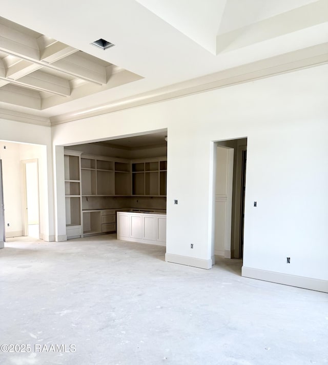 unfurnished living room featuring beam ceiling, baseboards, coffered ceiling, and unfinished concrete flooring