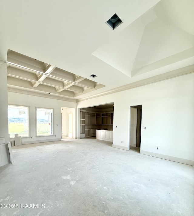 unfurnished living room featuring baseboards, visible vents, coffered ceiling, unfinished concrete floors, and beam ceiling