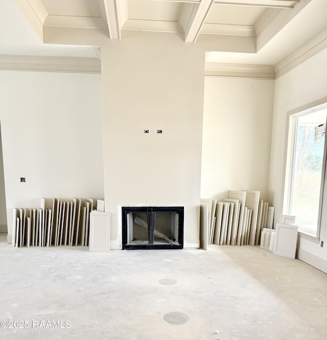 unfurnished living room featuring crown molding, a fireplace, and beamed ceiling