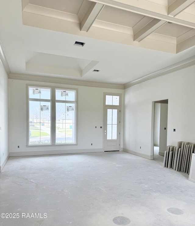 empty room with ornamental molding, visible vents, and baseboards