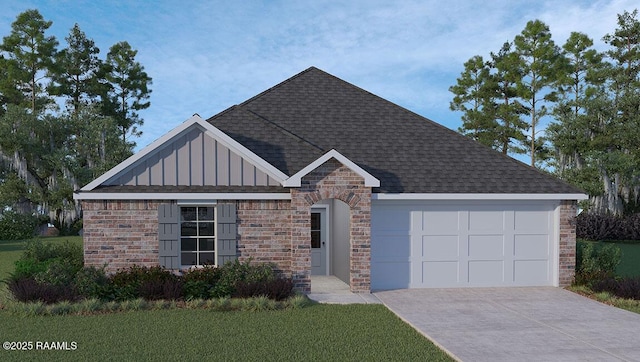 view of front of house featuring roof with shingles, brick siding, board and batten siding, and an attached garage