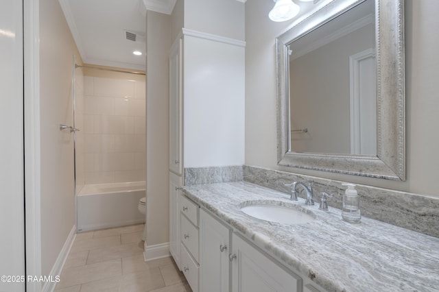 bathroom featuring visible vents, baseboards, ornamental molding, tile patterned floors, and vanity