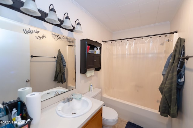 full bathroom featuring toilet, ornamental molding, shower / bath combination with curtain, and vanity