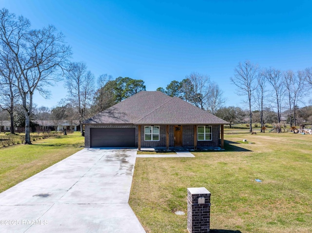 view of front of house featuring brick siding, roof with shingles, concrete driveway, an attached garage, and a front lawn