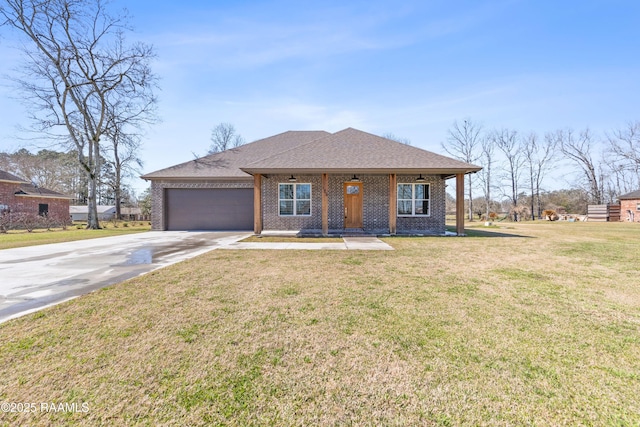 view of front of home featuring an attached garage, brick siding, driveway, roof with shingles, and a front yard