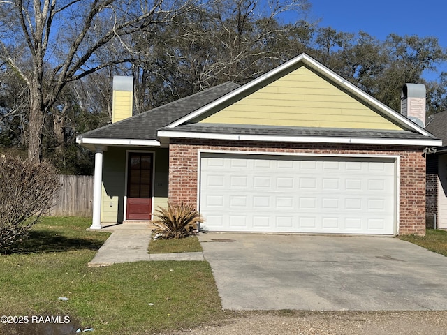 view of front of home with an attached garage, brick siding, fence, concrete driveway, and a chimney