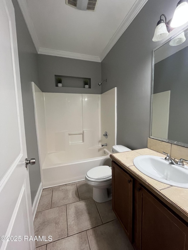 bathroom featuring visible vents, toilet, tub / shower combination, crown molding, and vanity