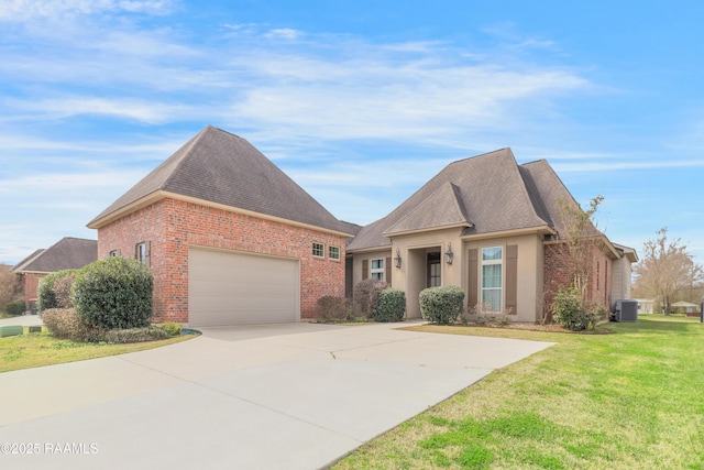 view of front facade featuring an attached garage, brick siding, driveway, roof with shingles, and a front yard