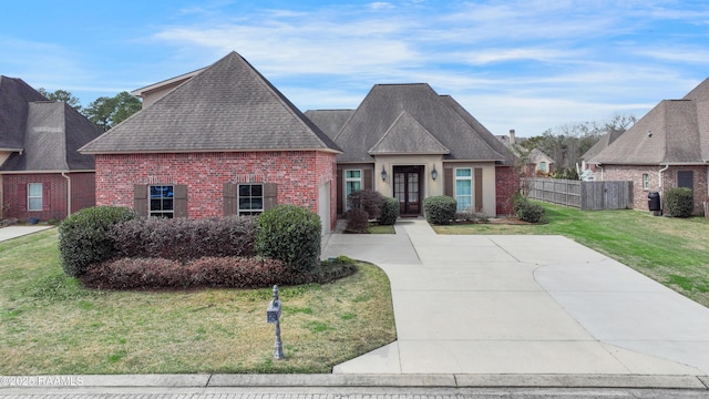 view of front of house featuring brick siding, a shingled roof, fence, and a front yard