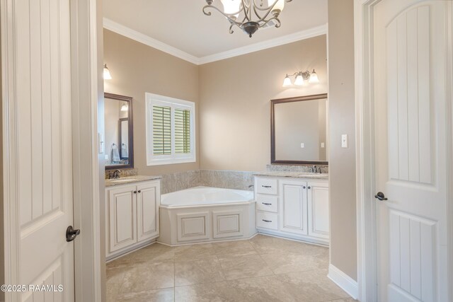 full bathroom with a sink, a garden tub, ornamental molding, and two vanities