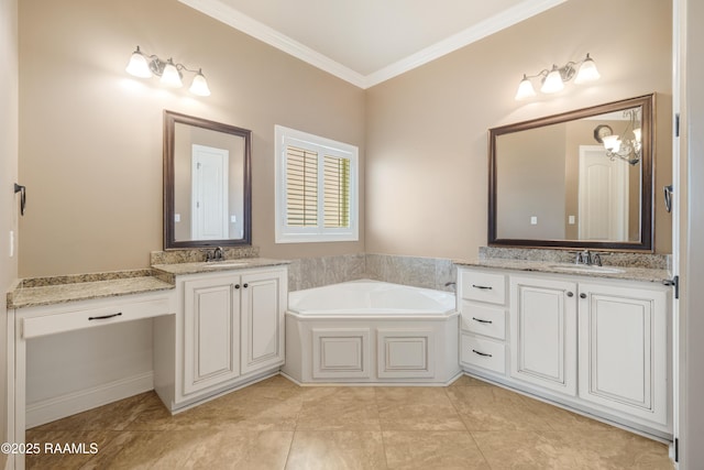 full bathroom featuring a garden tub, two vanities, a sink, and crown molding