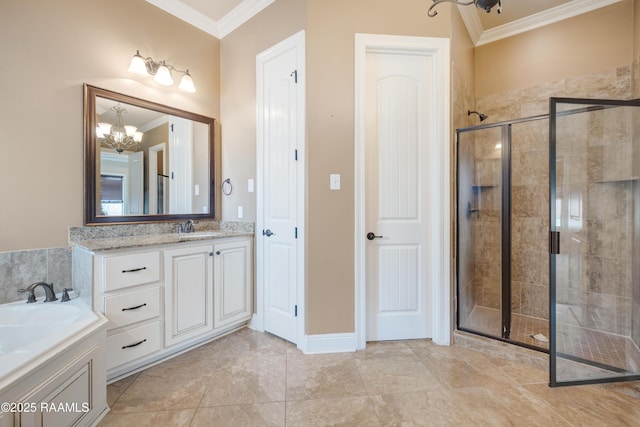 bathroom featuring a notable chandelier, a stall shower, vanity, and crown molding