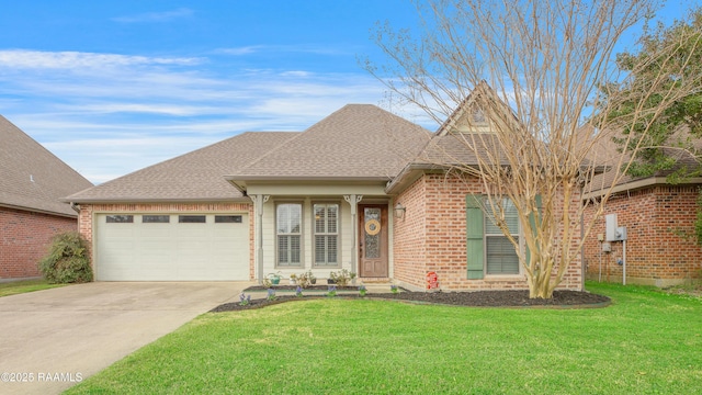 view of front of property with a garage, brick siding, roof with shingles, and a front yard