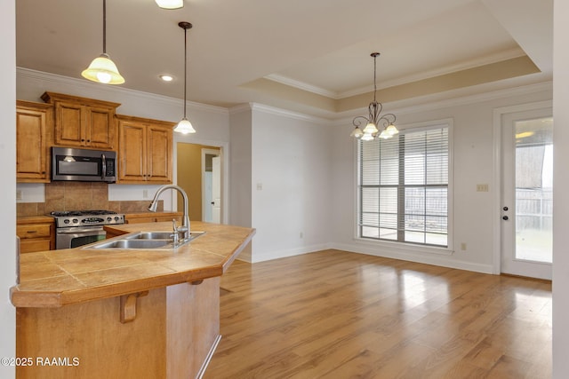 kitchen with appliances with stainless steel finishes, a tray ceiling, brown cabinetry, and a sink