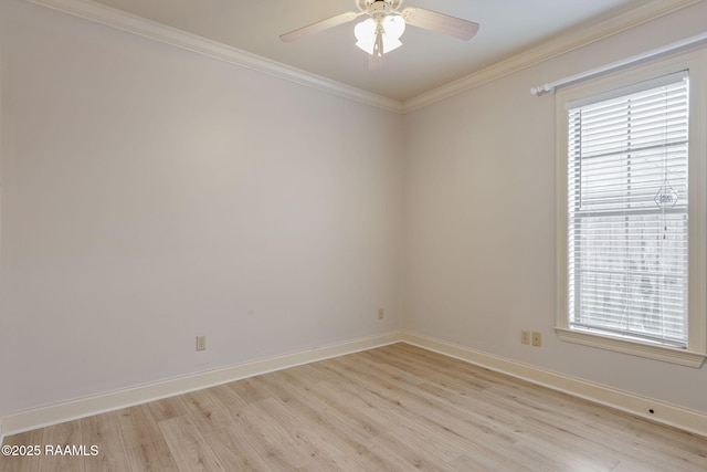 unfurnished room with a ceiling fan, crown molding, light wood-style flooring, and baseboards