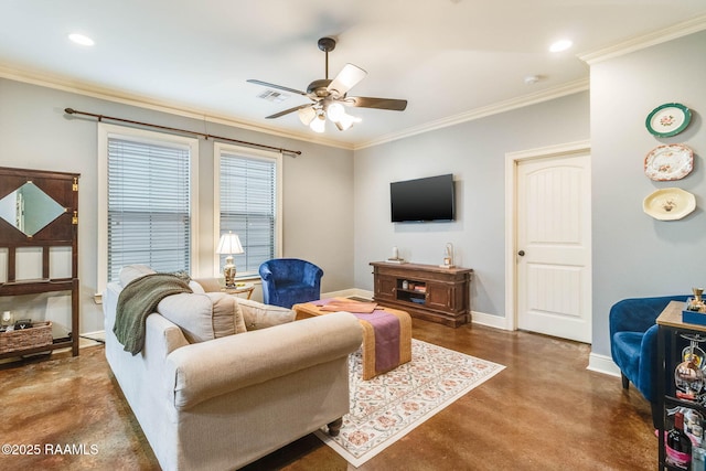 living area featuring finished concrete floors, visible vents, ornamental molding, and baseboards