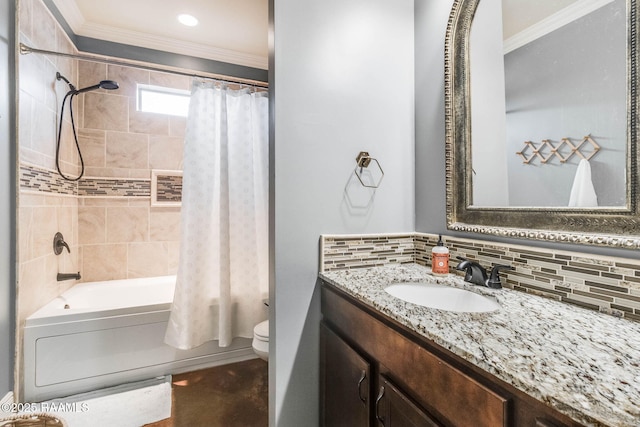 full bathroom with backsplash, toilet, ornamental molding, shower / tub combo, and vanity