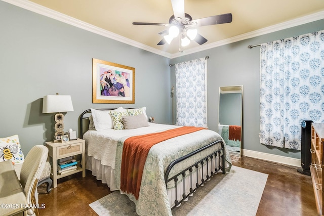 bedroom with ornamental molding, baseboards, and a ceiling fan